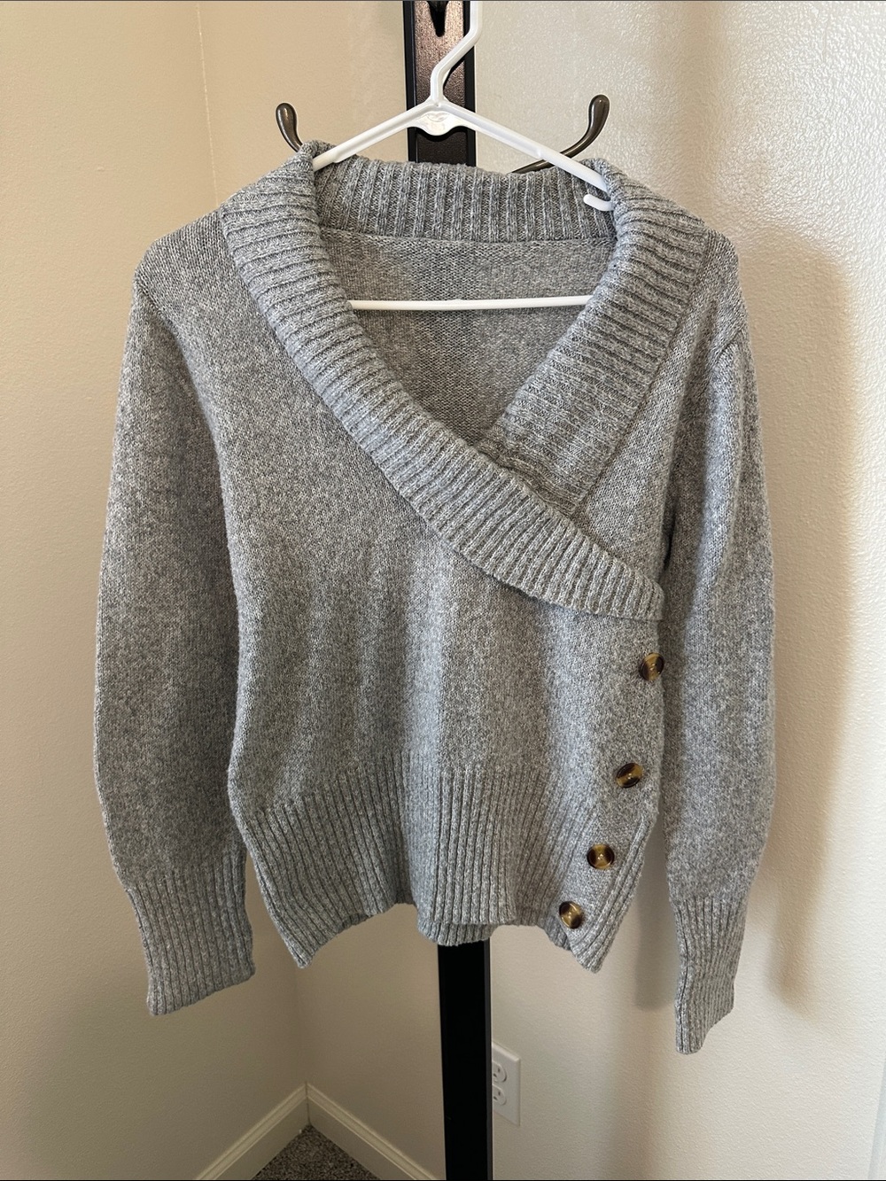 Cozy Shawl Collar Button-Accent Sweater - Gray